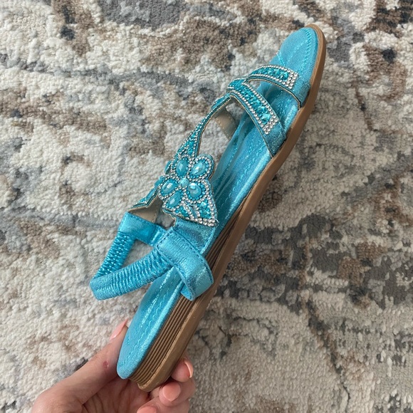 New Embellished Turquoise Rhinestones Sandals Studded Comfortable Shiny Sparkle - Picture 13 of 16